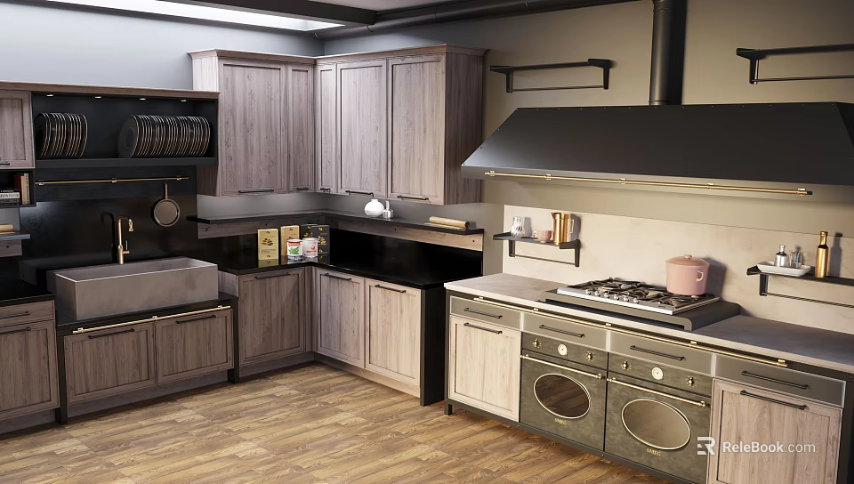 Modern Light Wooden Kitchen Cabinets With Stove Sink Countertop And Range Hood 3d model 