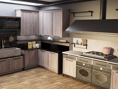 Modern Light Wooden Kitchen Cabinets With Stove Sink Countertop And Range Hood 3d model