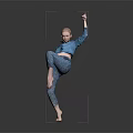 Dynamic Woman Dancing With Lifted Leg Raised Hand in Blue Top Patterned Pants Against Gray Background
