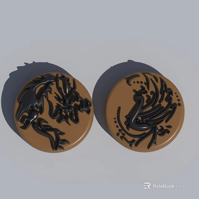 Circular Decorative Pieces With Brown Base And Black Dragon Phoenix Patterns 3d model 
