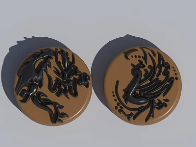 Circular Decorative Pieces With Brown Base And Black Dragon Phoenix Patterns 3d model