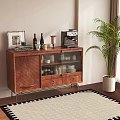 Wooden Sideboard with Drawer Mesh Door Wine Bottles Framed Photo Coffee Machine and Green Plant