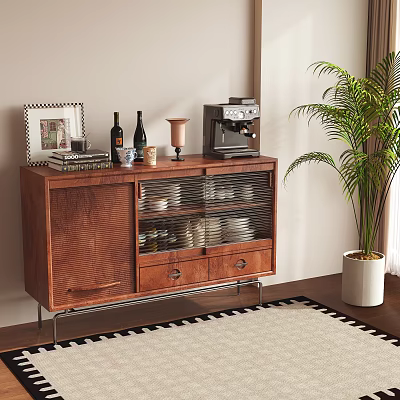 Wooden Sideboard with Drawer Mesh Door Wine Bottles Framed Photo Coffee Machine and Green Plant 3d model