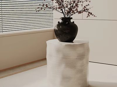 White Cylindrical Side Table With Black Vase And Branches In Modern Interior 3d model