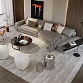 Modern Living Room Sofa And Coffee Table With Plush Pillows Textured Rug Accent Chair Artwork