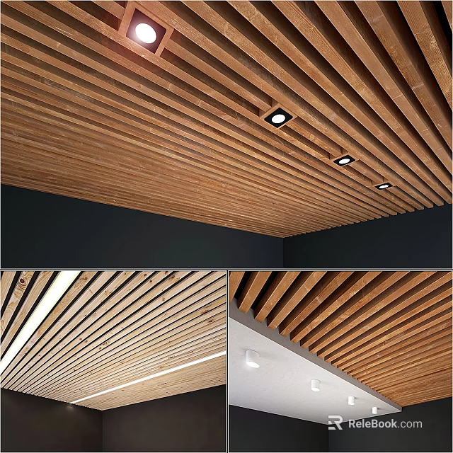 Modern Wooden Slat Ceiling With Recessed Lights And Sleek Contemporary Design 3d model 