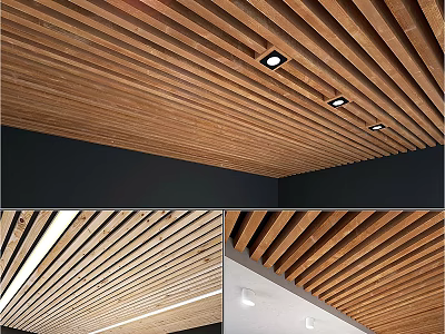 Modern Wooden Slat Ceiling With Recessed Lights And Sleek Contemporary Design 3d model