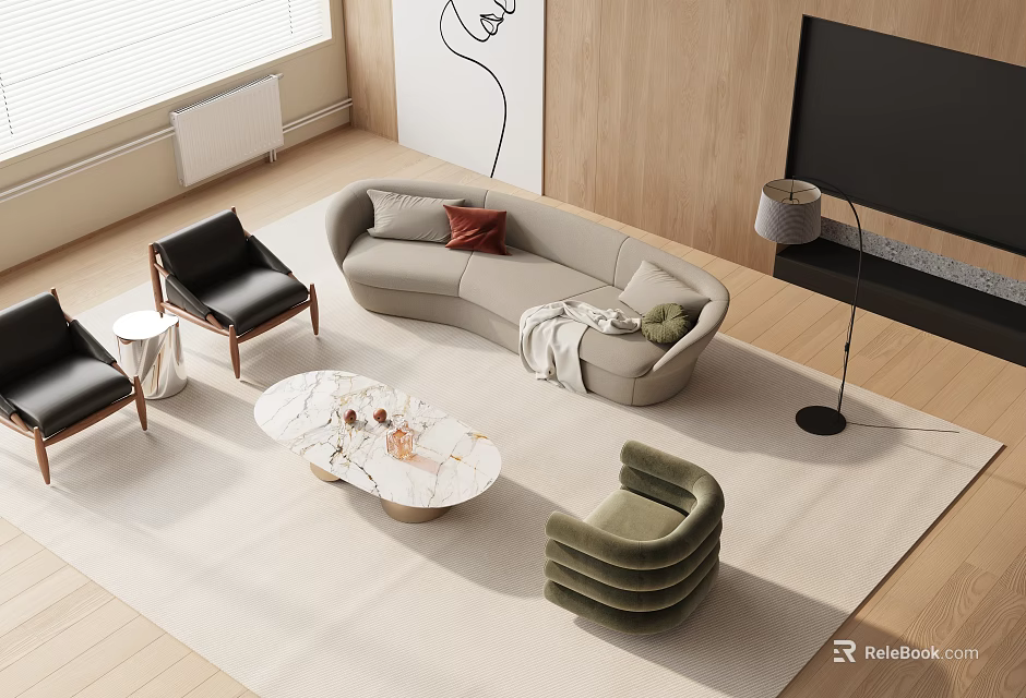 Elegant Modern Sofa Coffee Table Set With Marble Top Table Armchairs And Area Rug 3d model 