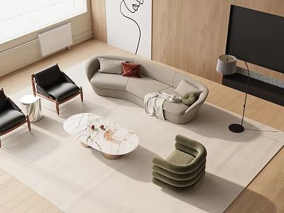 Elegant Modern Sofa Coffee Table Set With Marble Top Table Armchairs And Area Rug 3d model