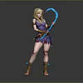 Fantasy Woman in Purple Outfit Holding Blue Curved Weapon with Decorative Boots
