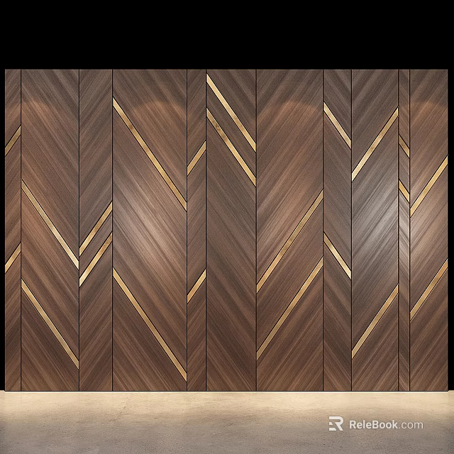 Modern Wooden Accent Wall with Herringbone Pattern and Golden Inlaid Lines for Contemporary Interior Design 3d model 