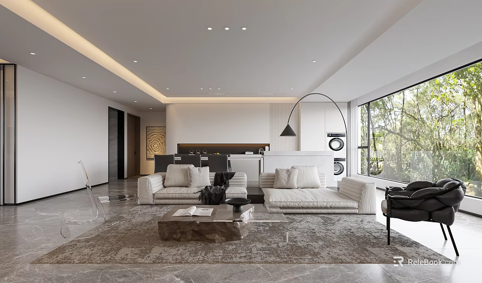 Modern Living and Dining Room Design With White Sofas Coffee Table Floor To Ceiling Windows 3d model 