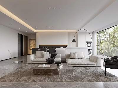 Modern Living and Dining Room Design With White Sofas Coffee Table Floor To Ceiling Windows 3d model