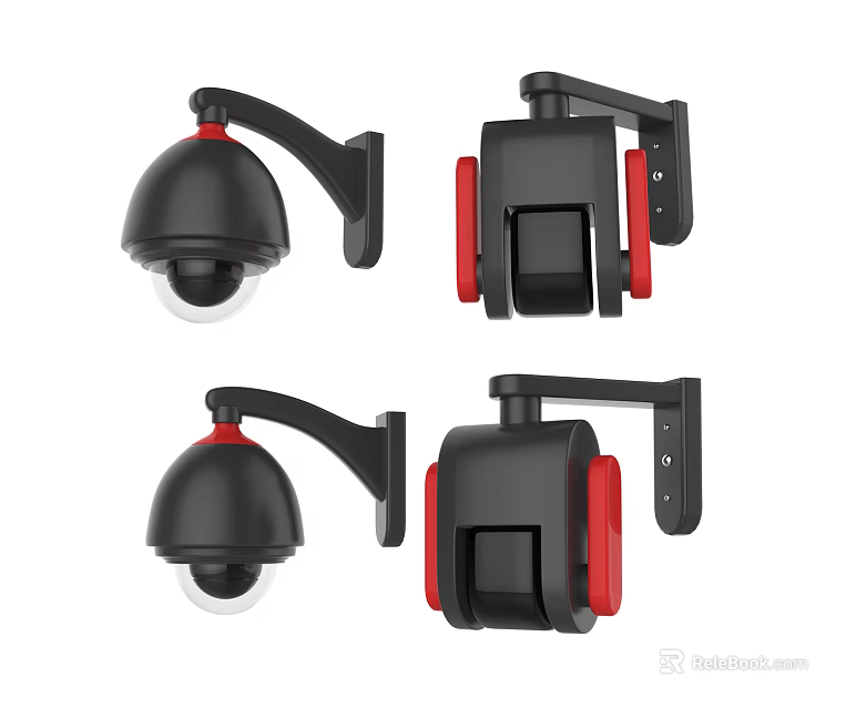 Projection Surveillance Cameras With Black Red Design And Mounting Brackets 3d model 