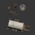 Vintage Wooden Wagon With White Canvas Cover Barrels Lantern And Stone Base
