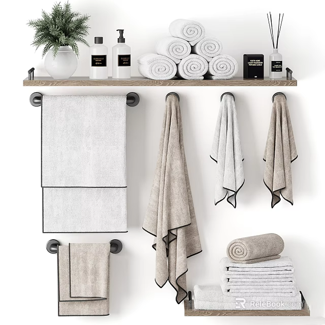 Stylish Bathroom Accessories With Towel Racks And Towels 3d model 