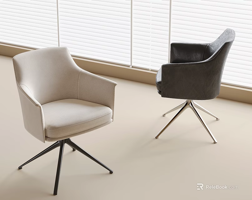 Light Beige And Dark Gray Dining Chairs With Armrests Metal Star Bases By Window Blinds 3d model 