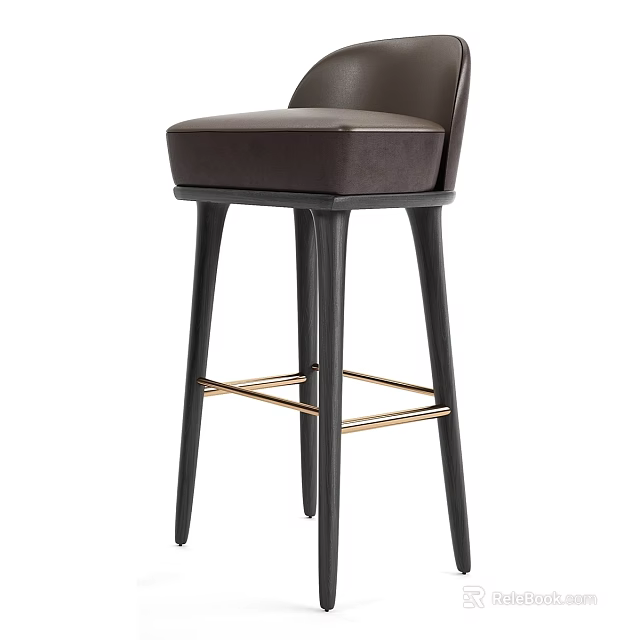 Modern Dark Brown Upholstered Bar Stool With Black Legs And Gold Accent 3d model 