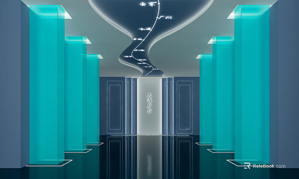 Modern Tea Room Interior With Turquoise Pillars Curved Ceiling And Reflective Floor 3d model 