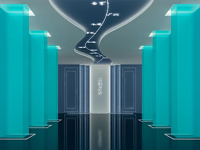 Modern Tea Room Interior With Turquoise Pillars Curved Ceiling And Reflective Floor 3d model