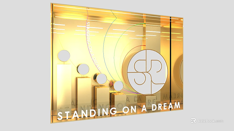 Golden Showcase with Geometric Shapes Circular SR Logo and Standing On A Dream Text 3d model 
