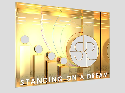 Golden Showcase with Geometric Shapes Circular SR Logo and Standing On A Dream Text 3d model