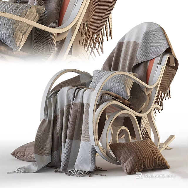 Stylish Leisure Chair With Curved Metal Frame Plaid Blanket And Soft Pillows 3d model 