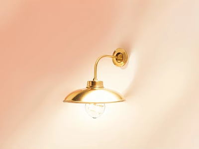 Golden Minimalist Chandelier With Curved Arm And Round Lampshade On Pink Wall 3d model