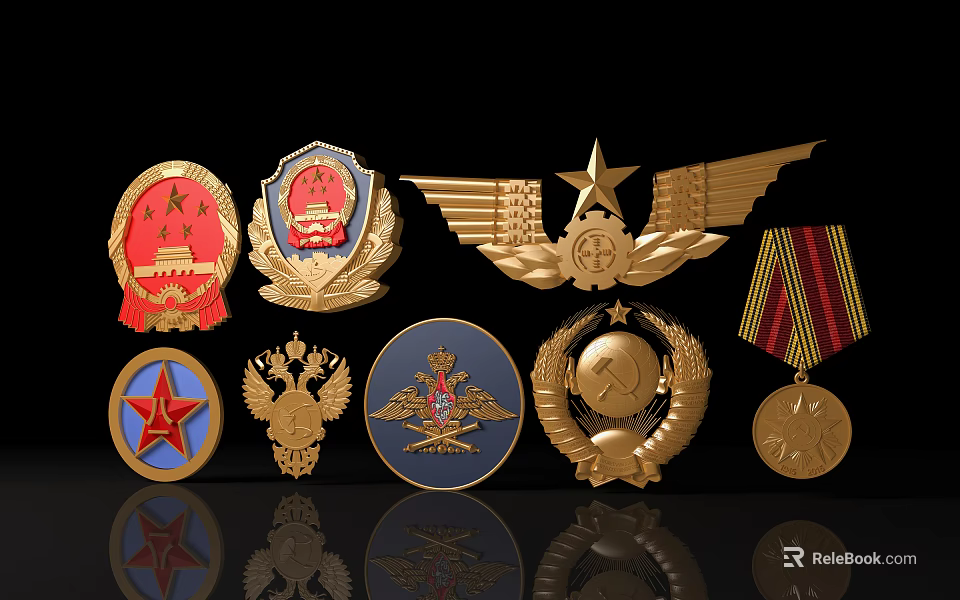 Variety Of Decorative Badges With Gold Star Wing And Multicolored Pattern Designs 3d model 