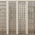 Decorative Glass Partitions With Various Designs Including Circular Holes And Square Grids