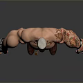 Muscular Shirtless 3D Character With Bald Head Cap Arm Tattoos Blue Jeans And Brown Boots
