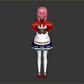 Anime Character With Pink Hair Red Cape Blue White Dress And Red Shoes