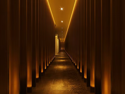 Hotel Corridor Interior With Wooden Panel Walls Recessed Lighting And Textured Floor Design 3d model