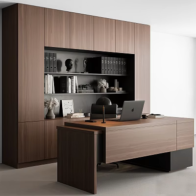 Modern Office Interior With Wooden Bookshelf Desk Laptop Vase Books And File Cabinet 3d model