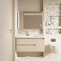 Beige Bathroom Vanity Cabinet with Mirror Cabinet Sink Faucet Toiletries and Toilet on Decorative Wall