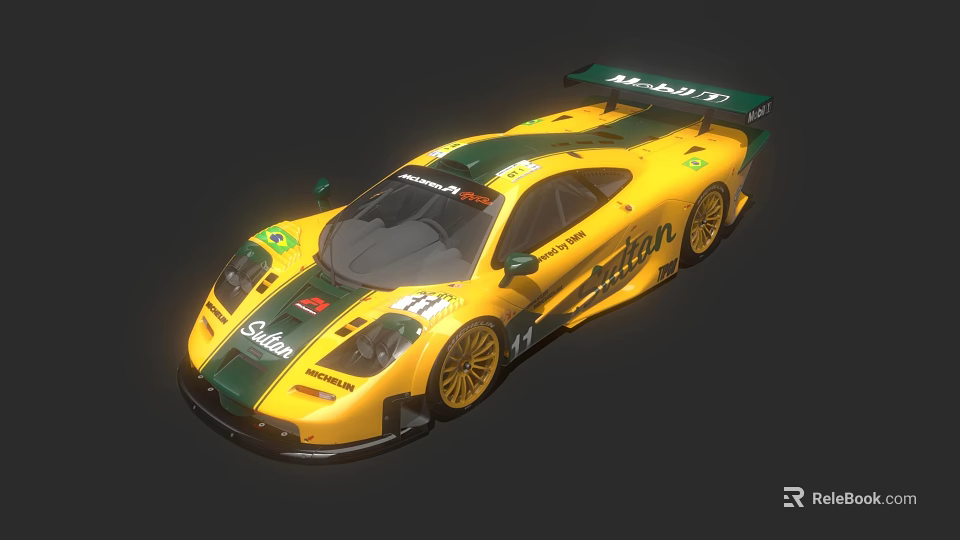 Yellow And Green Race Car With Barilla Castrol Livery Racing Aerodynamic Design And Number 11 3d model 