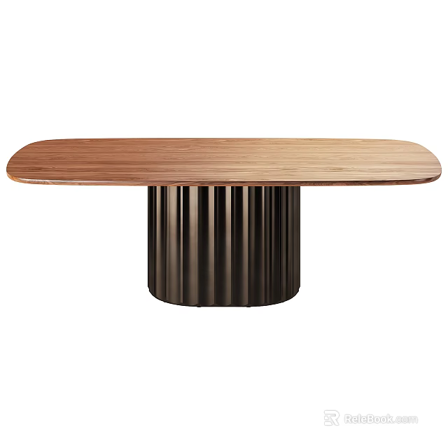 Modern Oval Shaped Dining Table With Wooden Tabletop And Black Ribbed Base 3d model
