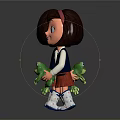 Cute Cartoon Girl With Brown Hair Red Hairband Holding Green Frog In Red Plaid Skirt