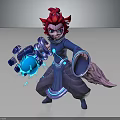 Fantasy Character With Fox Ears Tail Red Hair Blue Robe Holding Blue Magical Orb
