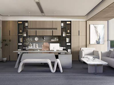 Modern Office Interior With Wooden Bookshelves Desk Chair Area Rug And Wall Art 3d model