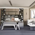 Modern Office Interior With Wooden Bookshelves Desk Chair Area Rug And Wall Art