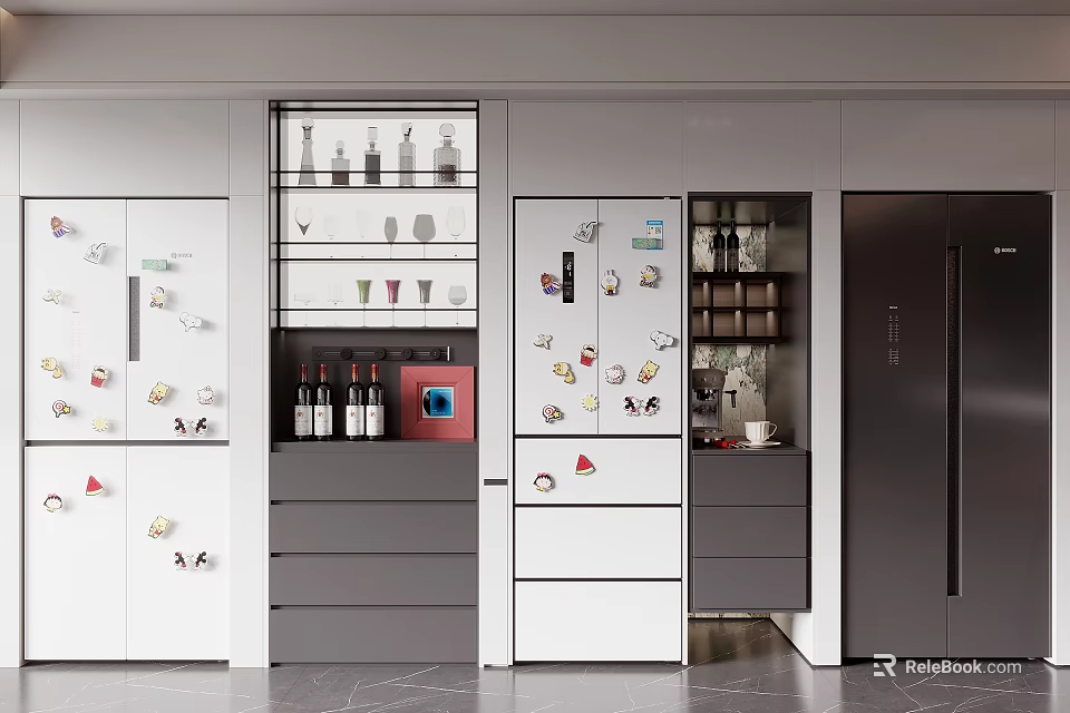 Modern Kitchen With Refrigerators Adorned With Magnets Cabinets And Glassware Storage 3d model 