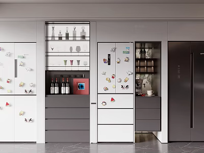 Modern Kitchen With Refrigerators Adorned With Magnets Cabinets And Glassware Storage 3d model