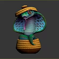 Colorful Cobra 3D Model In Woven Basket With Yellow Hat And Blue Green Body