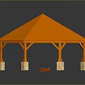 Orange Octagonal Outdoor Pavilion With Stone Columns And Reflective Ground Surface