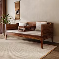 Wooden Luohan Daybed with White Cushions Small Center Table and Tea Set on Light Rug