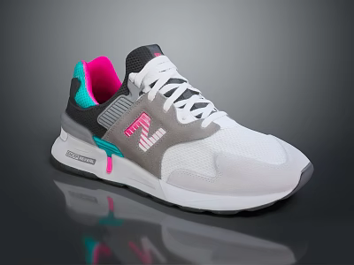 Stylish White And Gray Sneakers With Pink Teal Accents Mesh Upper And White Sole 3d model