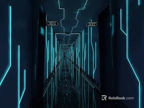 Cyberpunk Style Elevator Corridor With Neon Lights And Room Numbers 3d model 
