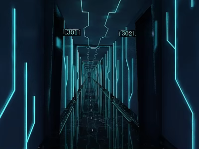 Cyberpunk Style Elevator Corridor With Neon Lights And Room Numbers 3d model
