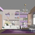 Kids Room Interior Design With Purple Rug Chandelier White Furniture Window And Storage Decor